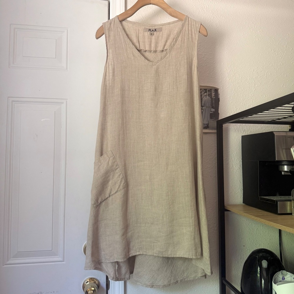 FLAX tan beige linen lagenlook v-neck sleeveless mini hi lo dress